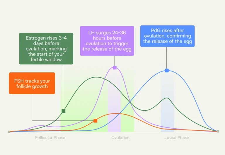 Fertility hormone chart showing estrogen LH FSH and PdG across cycle phases