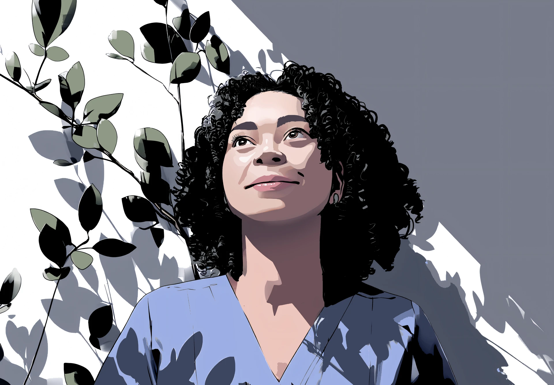 Hope is Radical: What experts wish you knew 6 Illustration of Alease with a look of hope. Sunlight highlights her face and there are plants behind her.