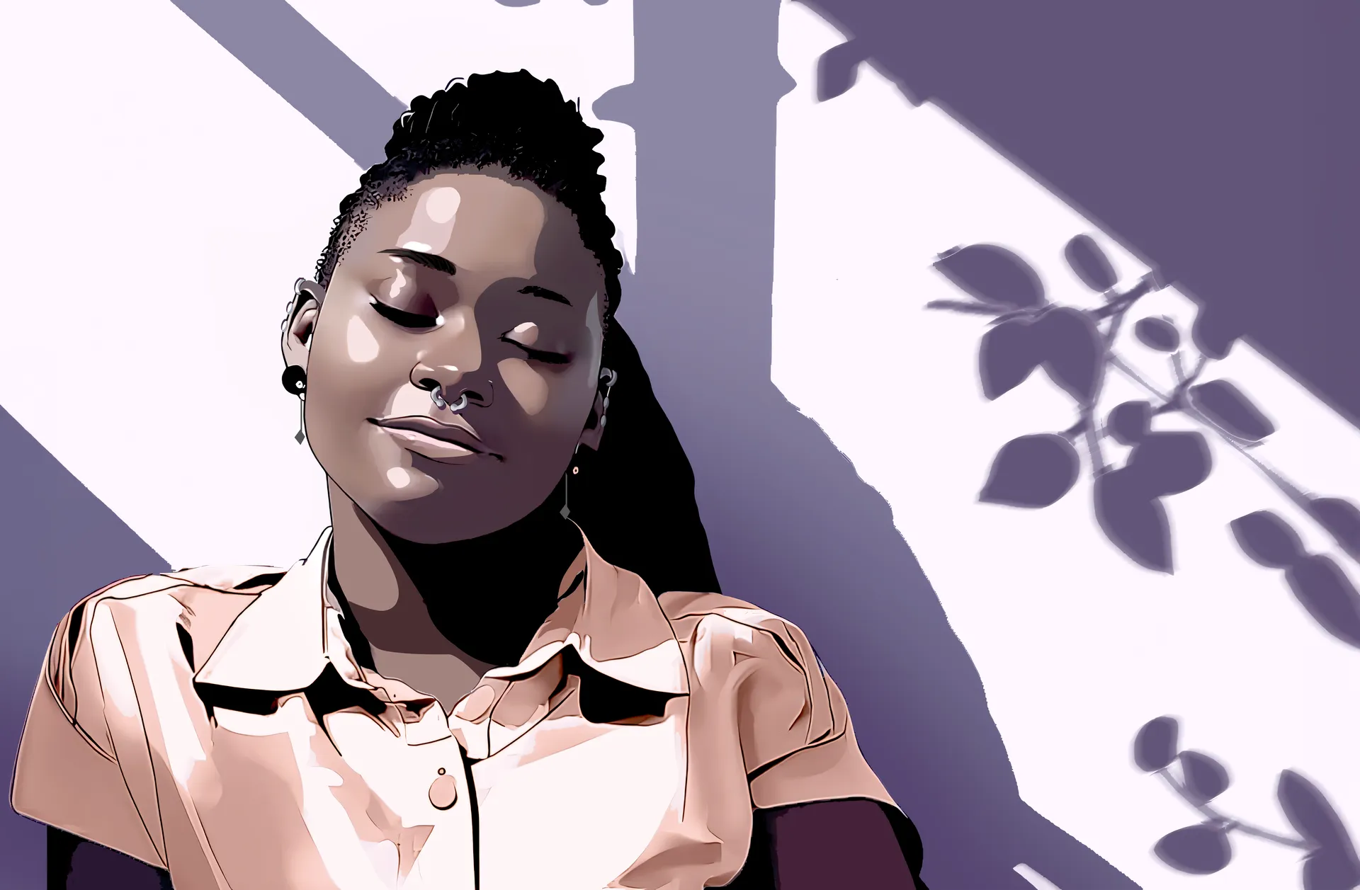 Illustration of Cierra resting calmly beside a window under bright sunlight.