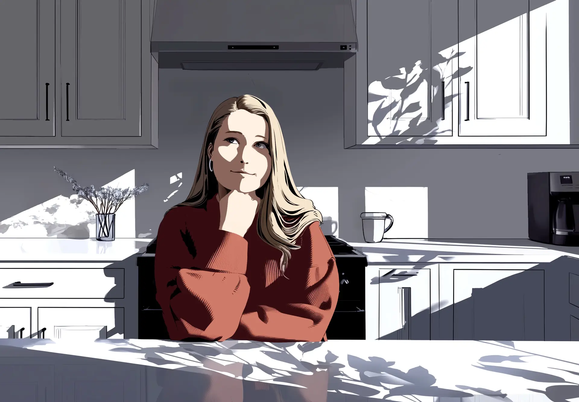 Illustration of Kelsey sitting at her kitchen table, as warm sunlight fills the room.
