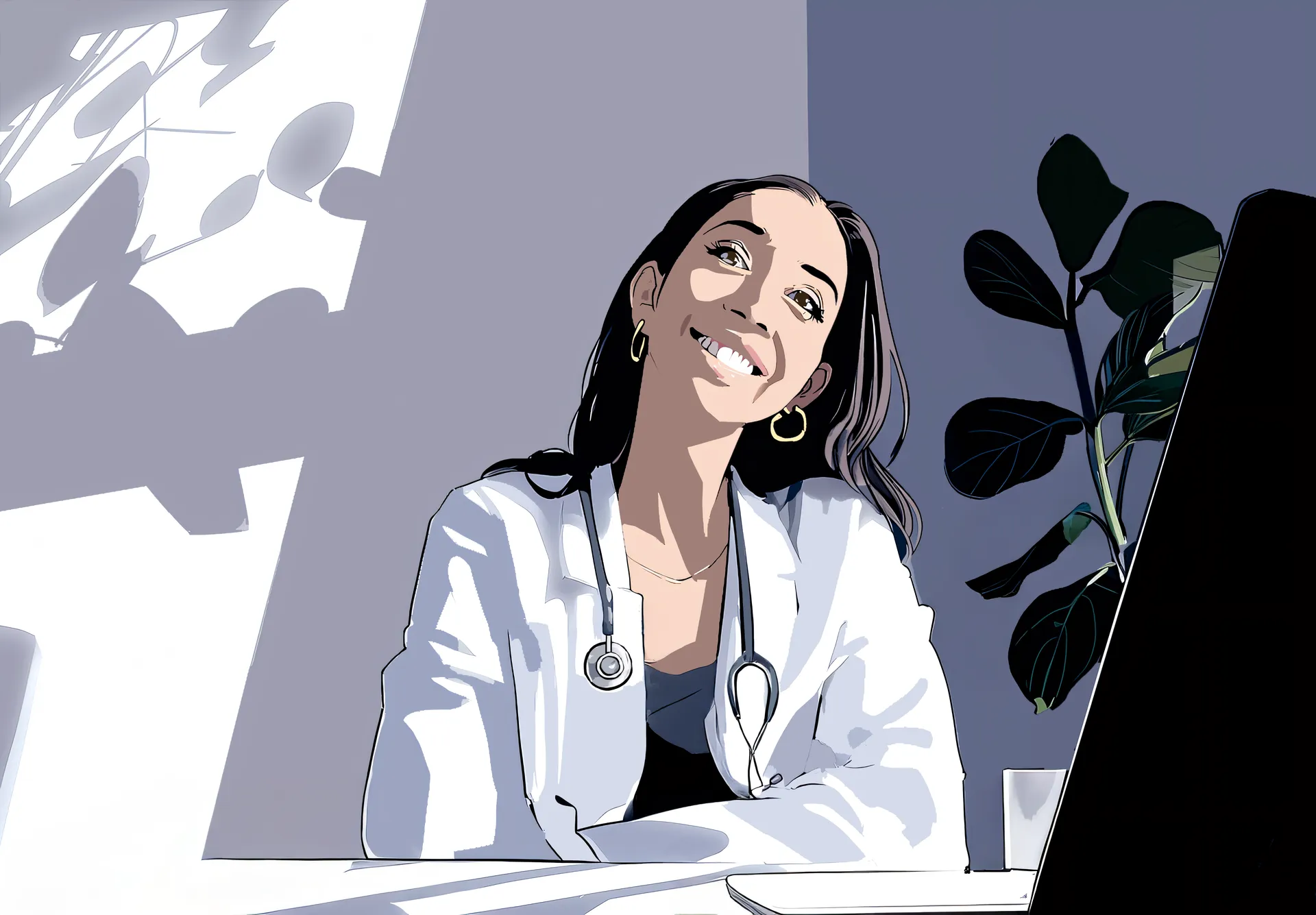 Illustration of Dr. Pero at her desk smiling radiantly, as the sunlight brightens the room.