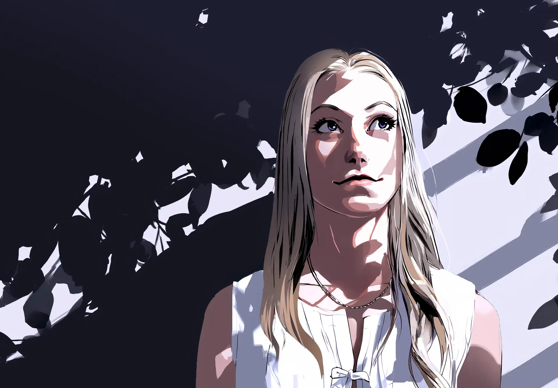 Illustration of Sierra under a canopy. She is looking up, with hope in her eyes.