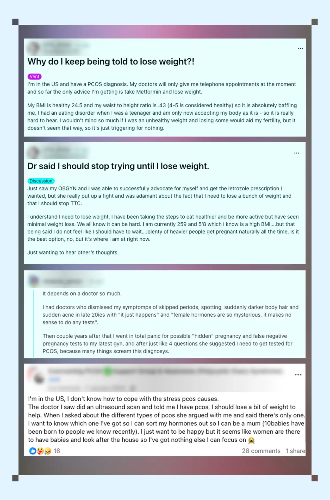 Screenshot of PCOS forum posts