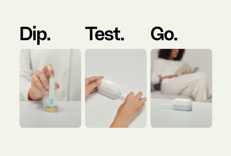 Step-by-step Dip. Test. Go. process showing a strip dipping, inserting into Inito InSight Wireless Reader™, and a woman going about her morning while the result is syncing in the background