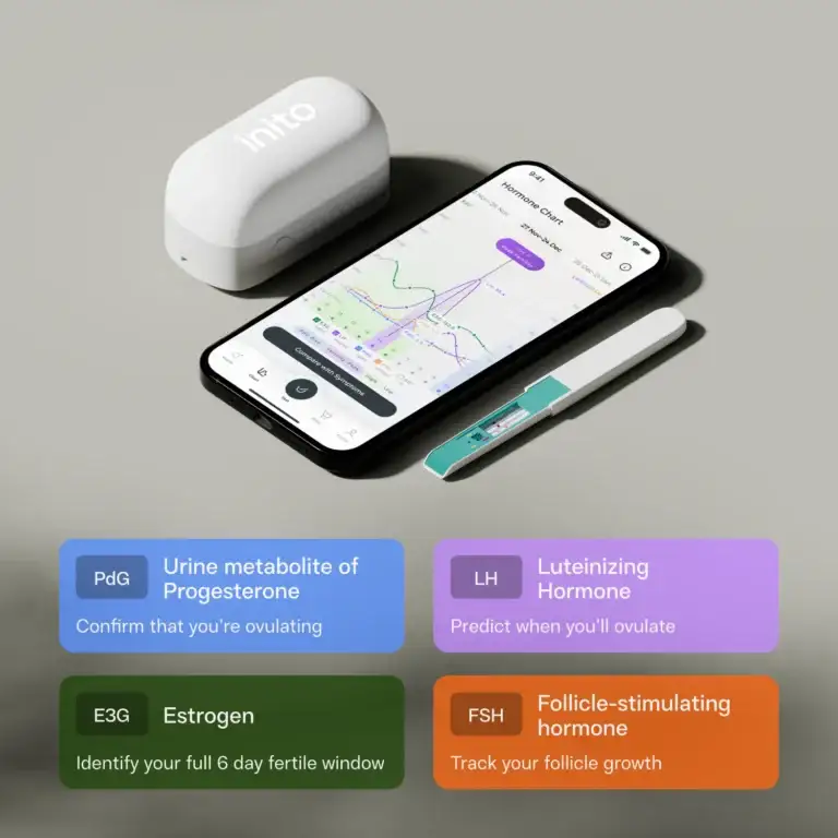 Inito Fertility Monitor, along with the app and Fertility Strip, showing four key fertility hormones