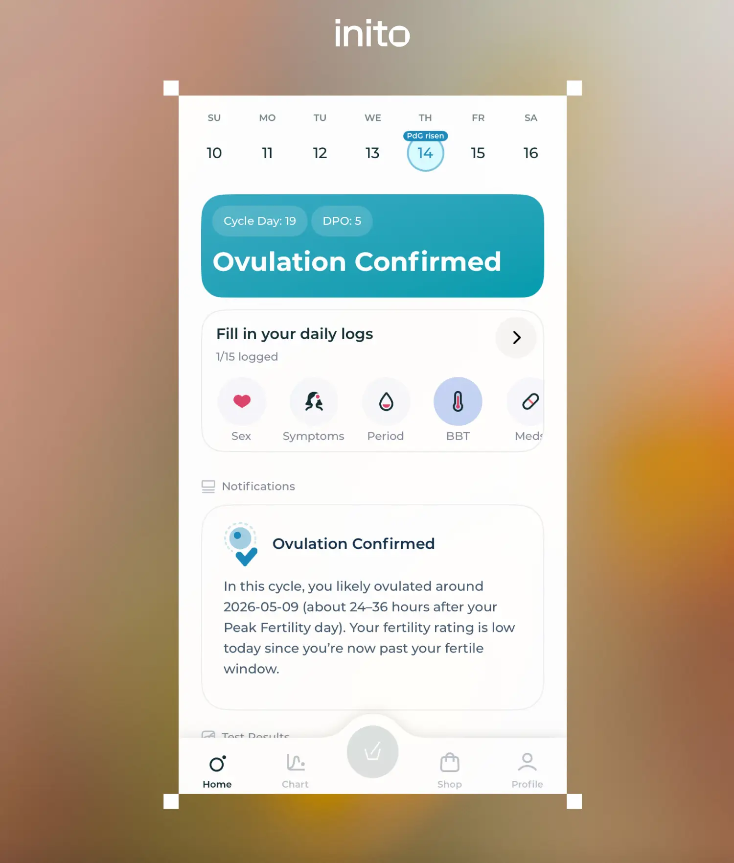 PdG Results on Inito Explained: Waiting for Rise, Rising, Confirmed, or Unlikely? 6 Ovulation Confirmed home screen